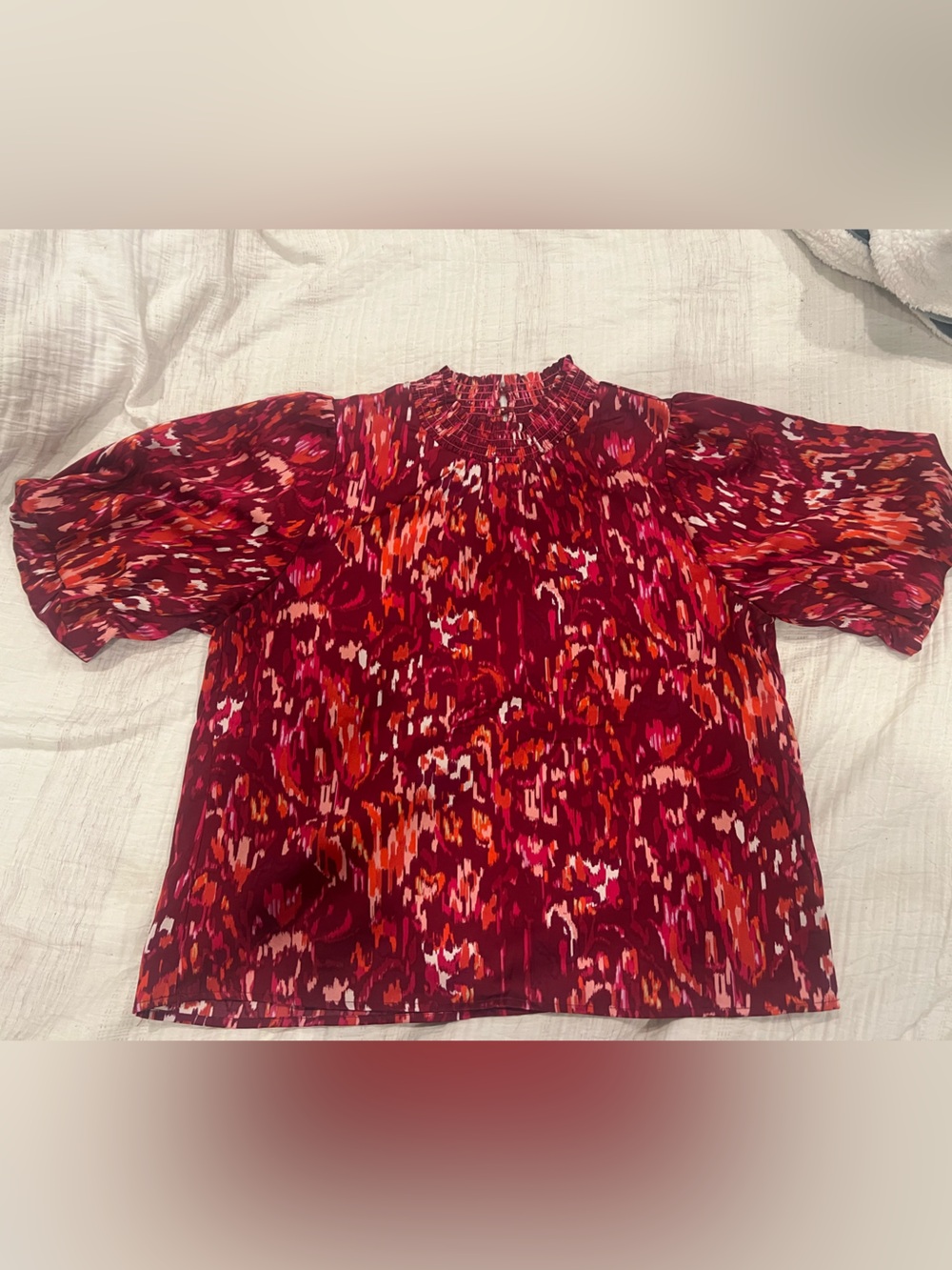 THML Burgundy Red Multi-Print Smocked Neck Puff Sleeve Blouse